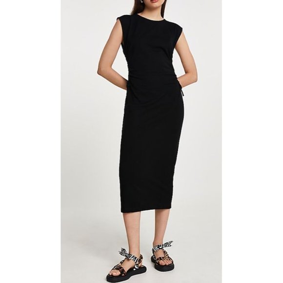 River Island Black Ruched Side Cap Sleeve Bodycon Midi Dress Women's Size 4 - Picture 8 of 8